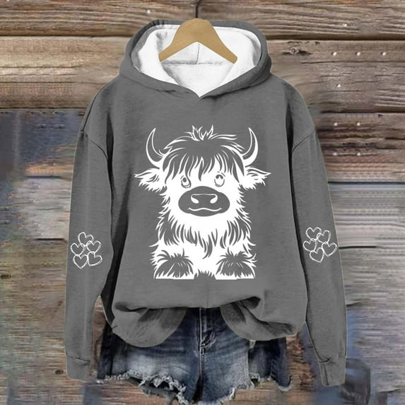 MKOSPLRT Highland Cow Hoodies for Kid Long Sleeve Western Cow Graphic Sweatshirts Casual Loose Pullover Tops Cute Hoodies for Girl Boy