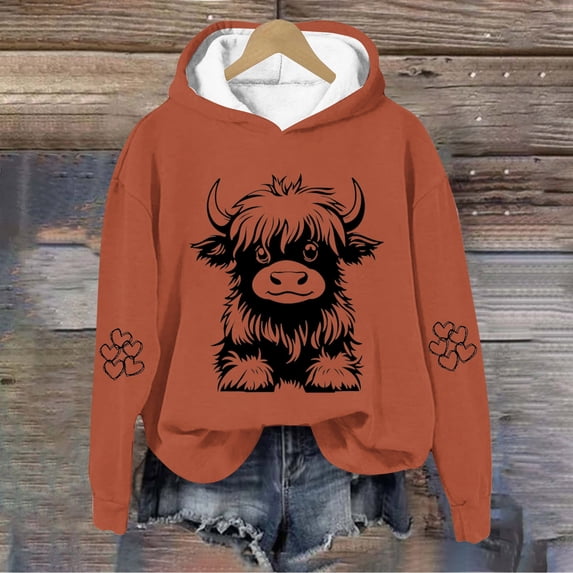 MKOSPLRT Highland Cow Hoodies for Kid Long Sleeve Western Cow Graphic Sweatshirts Casual Loose Pullover Tops Cute Hoodies for Girl Boy