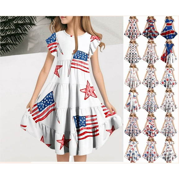 MKOSPLRT Independence Day Dresses for Girls Flying Sleeve Swing Ruffle Tiered Dress Funny Stars Striped Midi Dress 6-15 Years