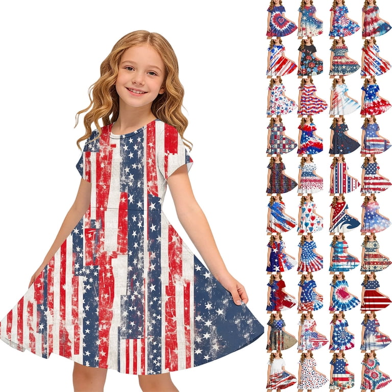 MKOSPLRT Independence Day Holiday Dress for Big Girls Crew Neck Short Sleeve Printed Waist Ruched Dress Casual Daily Wear 4-14Y