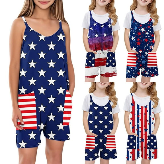 MKOSPLRT Independence Day Jumpsuit Shorts for Girl USA Flag Spaghetti Strap Overalls V Neck Casual Stars Striped Rompers with Pocket