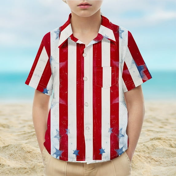 MKOSPLRT Independence Day Kids Tops 2-15 Years Striped Button Down Shirts Short Sleeve Red White and Blue Tshirts for Boys Girls