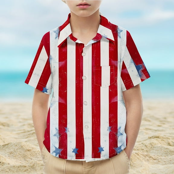 MKOSPLRT Independence Day Kids Tops 2-15 Years Striped Button Down Shirts Short Sleeve Red White and Blue Tshirts for Boys Girls