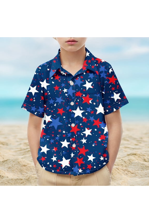 Independence Day Kids Tops Short Sleeve Button Down Shirts Funny Stars Striped Print T Shirts Cute Holiday Party Tee Shirts