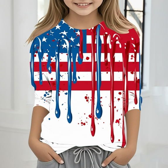 MKOSPLRT Independence Day T Shirts for Girls Boys 3-12 Years 3/4 Sleeve Red White and Blue Shirts Funny 4th of July Graphic T-Shirts