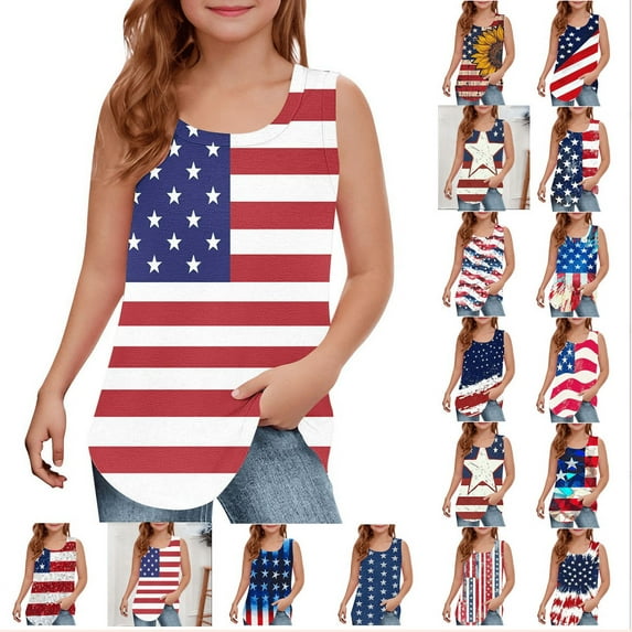 MKOSPLRT Independence Day Tanks for Kids Scoop Neck Sleeveless Vintage Tanks Cute Stars Striped Graphic Tanks Lightweight Tanks 5-15Y