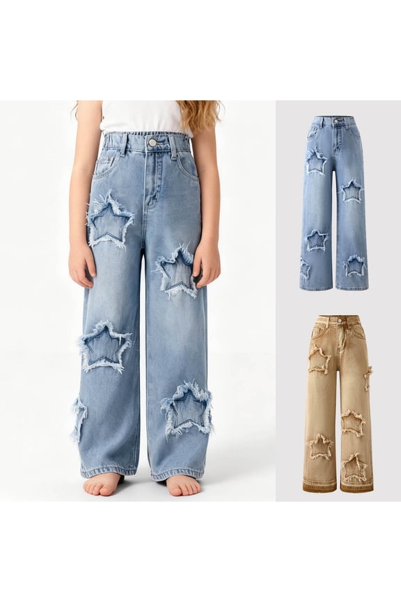 Jeans for Girls Baggy Wide Leg Cute Bow High Elastic Waisted Denim Pants Y2K Boyfriend Skater Streetwear with Pocket 6-13Y