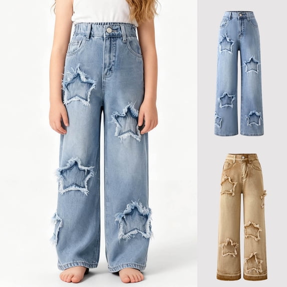 MKOSPLRT Jeans for Girls Baggy Wide Leg Cute Bow High Elastic Waisted Denim Pants Y2K Boyfriend Skater Streetwear with Pocket 6-13Y