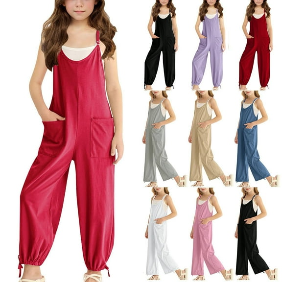MKOSPLRT Jumpsuits for Girl Casual 5-14Y Scoop Neck Adjustable Spaghetti Strap Romper Long Harem Pants Solid Tie Hem Jumpers with Pocket