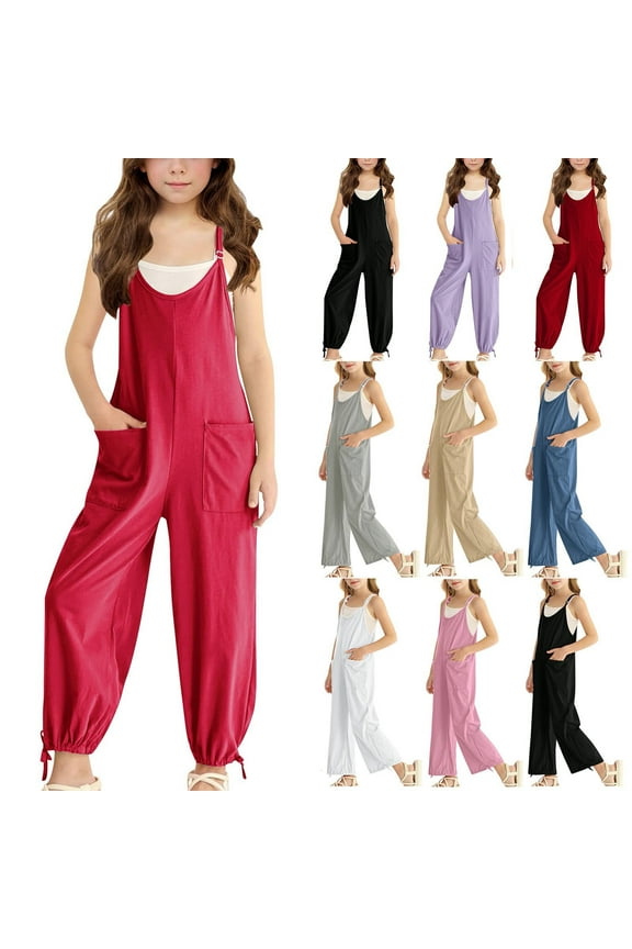 Jumpsuits for Girl Casual 5-14Y Scoop Neck Adjustable Spaghetti Strap Romper Long Harem Pants Solid Tie Hem Jumpers with Pocket