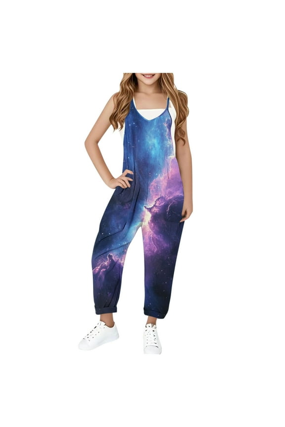 Jumpsuits for Girl Casual V Neck Sleeveless Baggy Overalls Sparkliy Print Spaghetti Strap Jumpers with Pockets Summer Romper Clothes