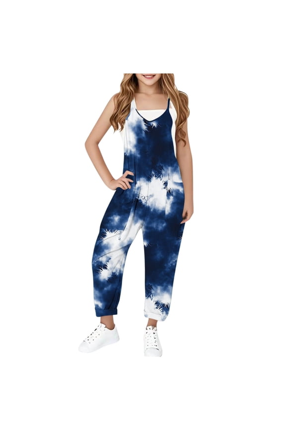 Jumpsuits for Girl Casual V Neck Spaghetti Strap Jumpers Tie Dye Graphic Harem Long Overalls Baggy Summer Jumpsuits with Pocket