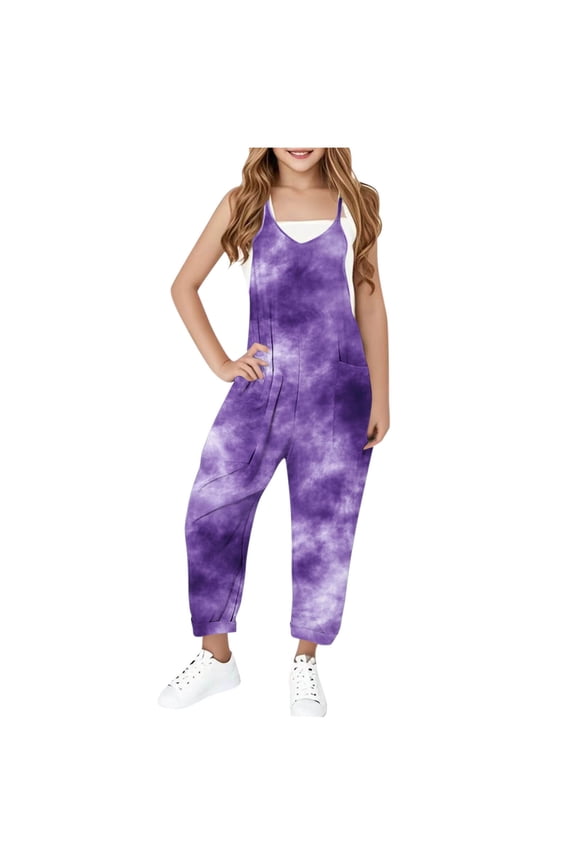 Jumpsuits for Girl Casual V Neck Spaghetti Strap Jumpers Tie Dye Graphic Harem Long Overalls Baggy Summer Jumpsuits with Pocket