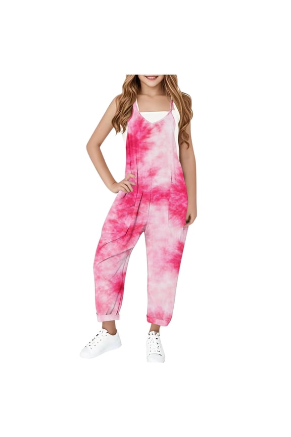 Jumpsuits for Girl Casual V Neck Spaghetti Strap Jumpers Tie Dye Graphic Harem Long Overalls Baggy Summer Jumpsuits with Pocket