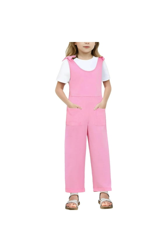 Jumpsuits for Girl Children Sleeveless Tie Knot Wide Leg Jumpsuits Scoop Neck Baggy Overalls Solid Casual Long Jumpers with Pocket