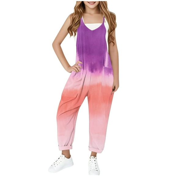 MKOSPLRT Jumpsuits for Girl Sleeveless V Neck Casual Jumpers Color Block Spaghetti Strap Overalls Baggy Harem Long Jumpsuits with Pocket