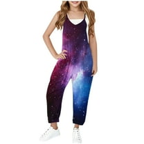 MKOSPLRT Jumpsuits for Girl Summer Casual V Neck Sleeveless Jumpsuits Sparkly Print Baggy Harem Overalls Spaghetti Strap Jumpers with Pocket