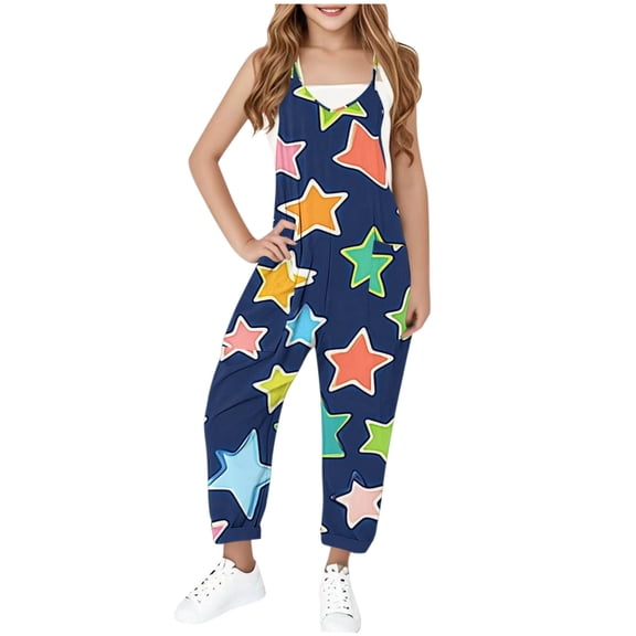 MKOSPLRT Jumpsuits for Girl Summer Sleeveless V Neck Funny Jumpsuits Casual Stars Graphic Harem Long Overalls with Pocket Kids Clothes