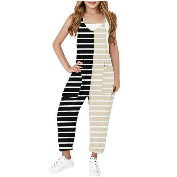 MKOSPLRT Jumpsuits for Girl V Neck Spaghetti Strap Harem Long Overalls Casual Striped Jumpers Color Block Loose Fit Jumpsuits with Pocket