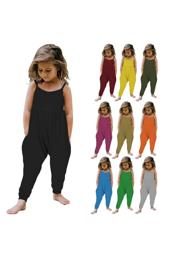 Jumpsuits for Toddler Girl 1-6Y Casual Spaghetti Strap Overall Harem Long Pants Solid Loose Fit Romper Jumpers with Pocket