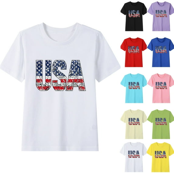 MKOSPLRT Kid 4th of July T-Shirts Boys Girls American Flag Shirt Patriotic Tops Short Sleeve Crew Neck Summer Tees 2-15 Years Kids Clothes