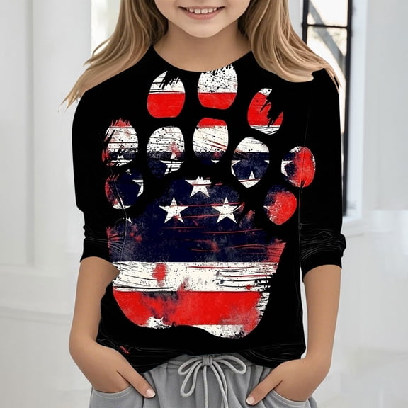 MKOSPLRT Kid's 3/4 Sleeve Independence Day Shirts 3-12 Years Crew Neck Holiday Tshirt Cute American Flag Shirts 4th of July T Shirts