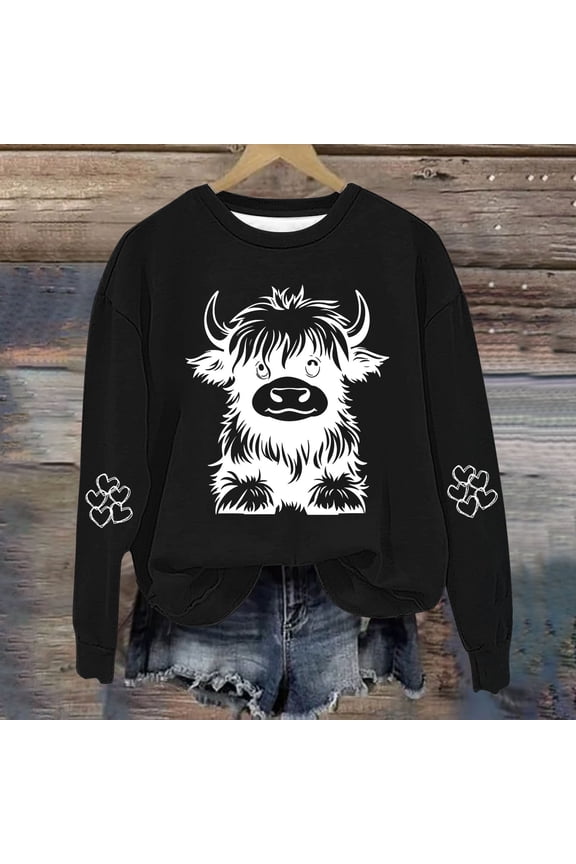 Kid's Highland Cow Pullover Tops Long Sleeve Casual Western Cow Graphic Shirts Round Neck Loose Fit T Shirts Country Blouses 1-14Years