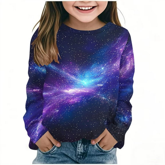 MKOSPLRT Kid's Sparkly T Shirts Long Sleeve 3D Print Tops Round Neck Glitter Party Shirts Casual Spring Tees Loose Blouses for Girl