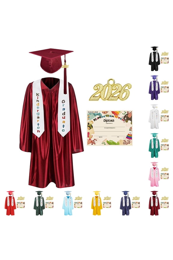 Kids 2026 Graduation Uniform 4 Piece Long Sleeve Gown with Cap & Stole 8-14 Years