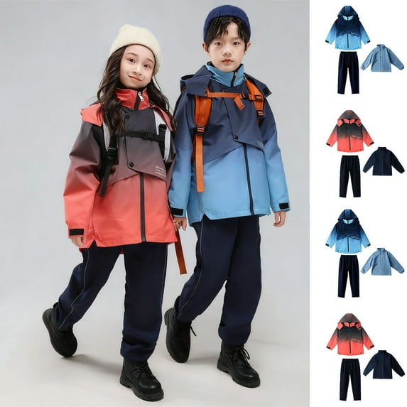 MKOSPLRT Kids 3-in-1 Waterproof Hooded Jacket Fleece Lined Pants Set Gradient Snow Ski Suit with Removable Liner Windproof Raincoat 3-15Y