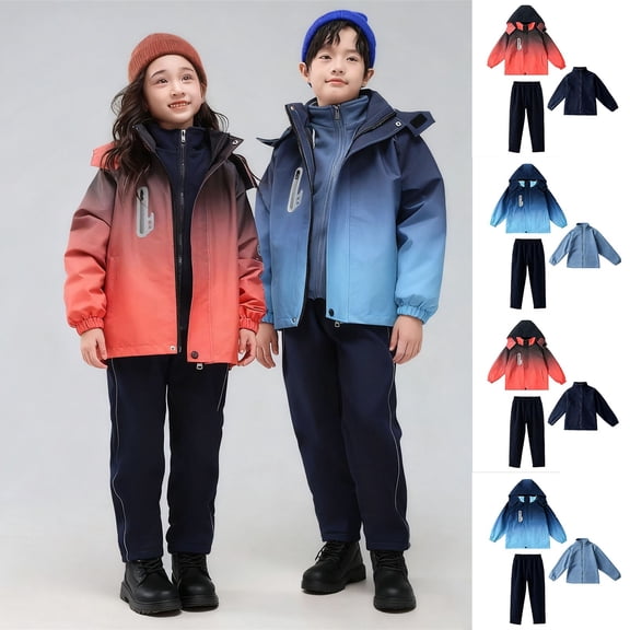 MKOSPLRT Kids 3-in-1 Waterproof Jacket Set with Removable Liner Snow Pants Gradient Windproof Hooded Raincoat and Pants 3-15Y