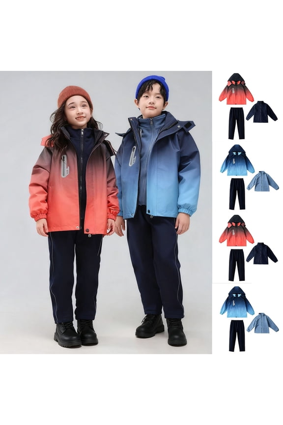 Kids 3-in-1 Waterproof Jacket Set with Removable Liner Snow Pants Gradient Windproof Hooded Raincoat and Pants 3-15Y