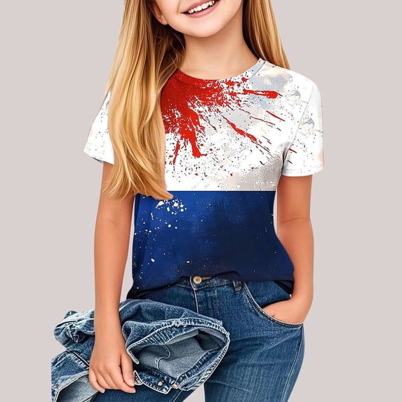 MKOSPLRT Kids 4th of July Shirts 3-14 Years Red White and Blue Short Sleeve Tshirts Crew Neck Independence Day Tee Shirts Kids Clothes