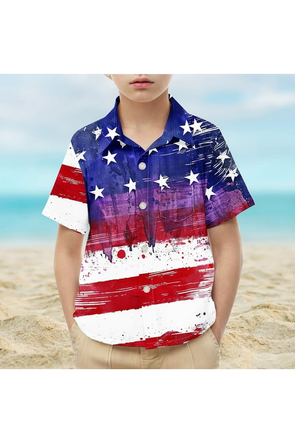 Kids 4th of July Shirts Short Seeve Button Down Shirts Cute American Flag Tshirts Vintage USA Flag Graphic Tees for Girl Boy