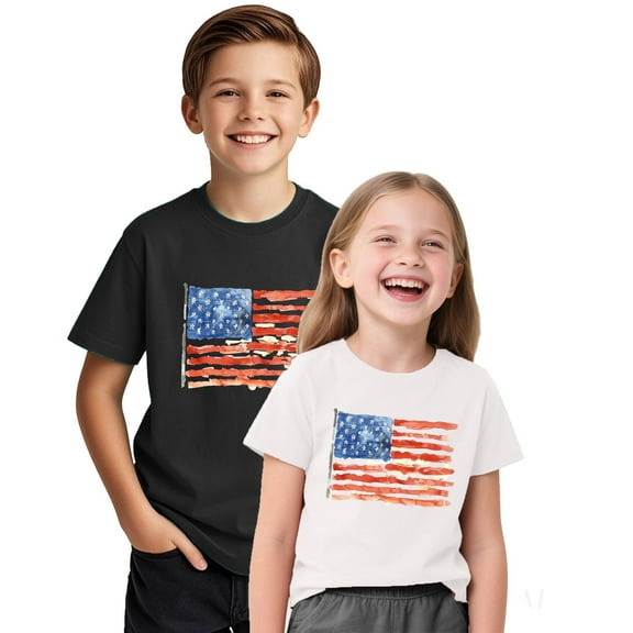 MKOSPLRT Kids 4th of July Shirts Short Sleeve American Flag T Shirts Crew Neck Independence Day Tops Patriotic Graphic Tees for Girl Boy