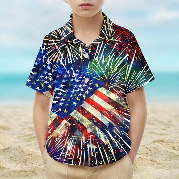 MKOSPLRT Kids 4th of July Shirts Short Sleeve USA Flag Tshirts Lapel Collar Button Down Shirts Funny Holiday Graphic Tees 2-15 Years