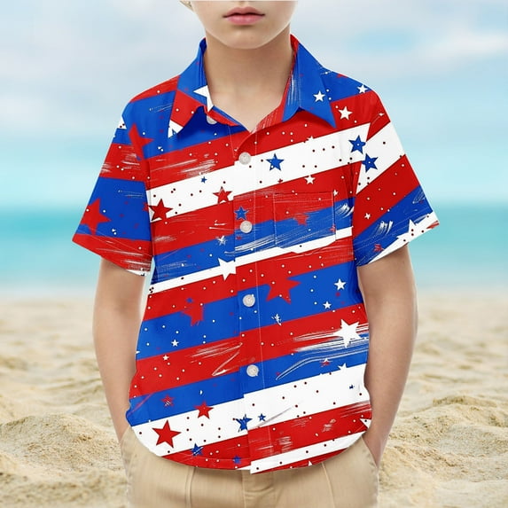 MKOSPLRT Kids American Flag Button Down Shirts Short Sleeve 4th of July T Shirts Trendy Red White and Blue Tees Holiday Shirts 2-15Y