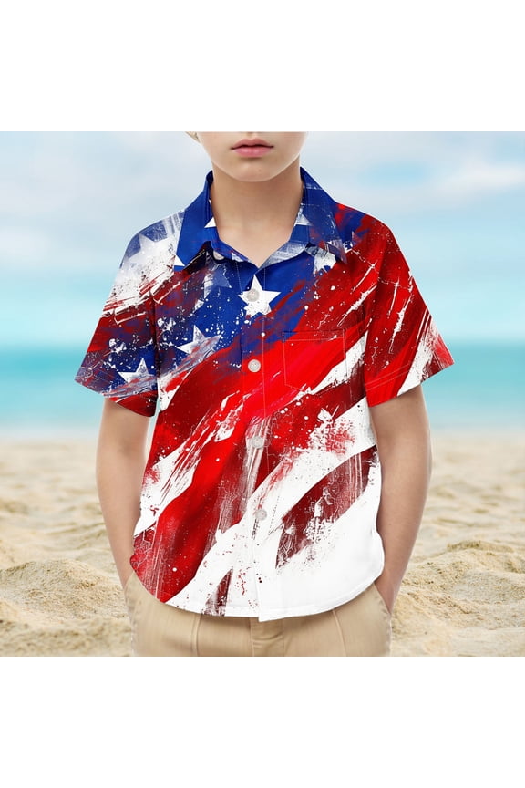 Kids American Flag Button Down Shirts Short Sleeve Red White and Blue T Shirts Funny Stars Striped Graphic Tee Shirts