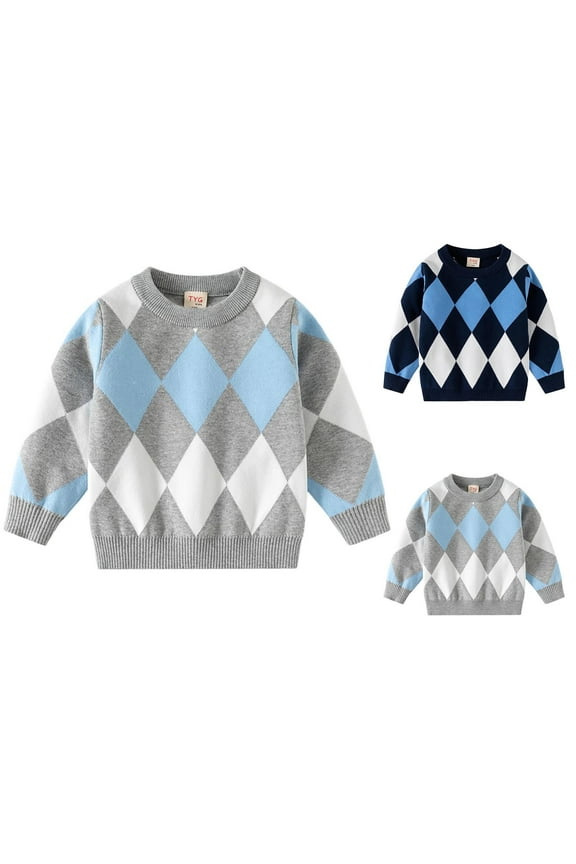 Kids Argyle Preppy Sweaters 1-8Y Boys Crew Neck Color Block Palid Pullover Long Sleeve Warm Knit Sweaters Fall Sweatshirts
