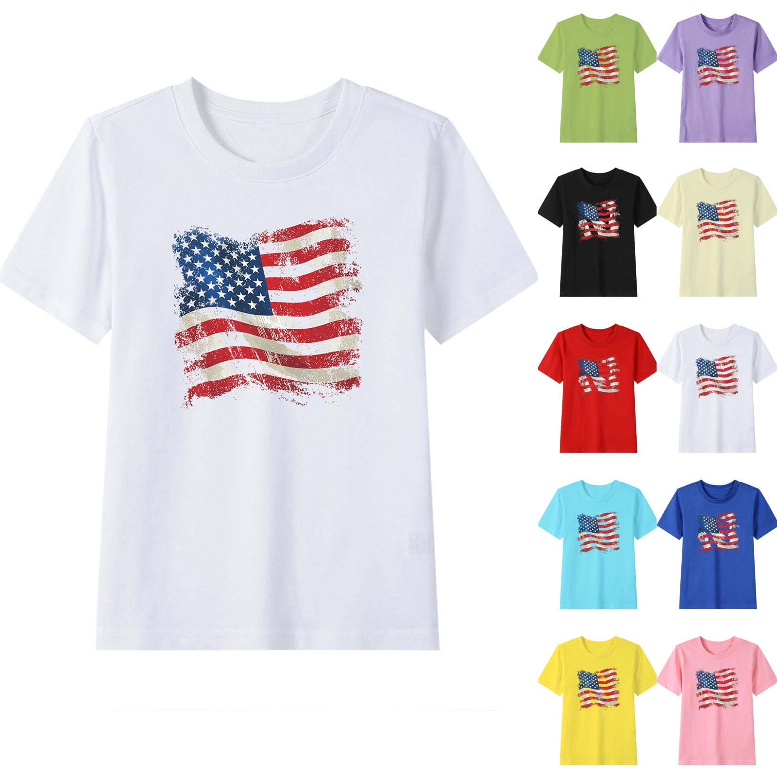 Women's Vintage American Flag T-Shirt - 4th Of July Patriotic Tee, Short Sleeve (Red, Large)