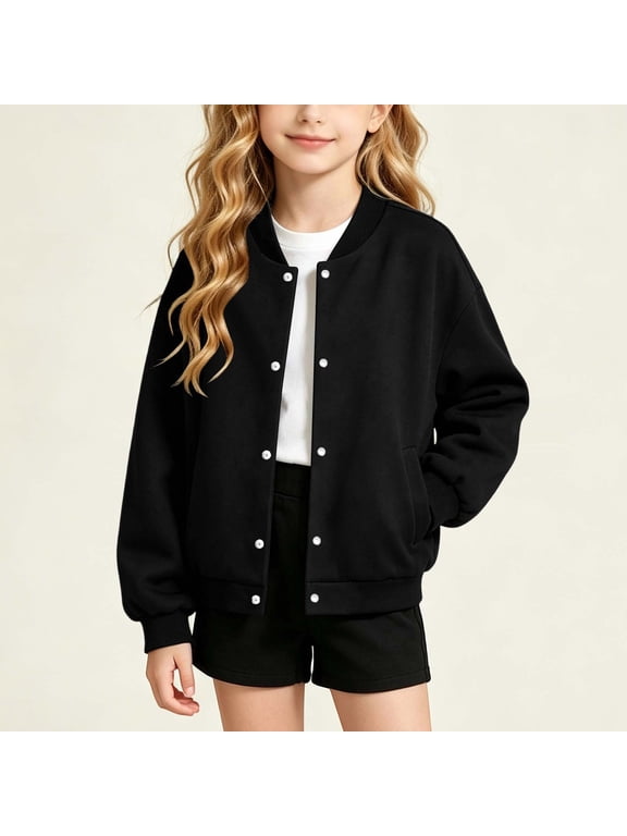 Kids Button Down Jackets Lightweight Bomber Jacket Coats Long Sleeve Solid Casual Sweatshirt Outerwear with Pocket 4-15 Years
