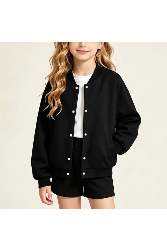 Kids Button Down Jackets Lightweight Bomber Jacket Coats Long Sleeve Solid Casual Sweatshirt Outerwear with Pocket 4-15 Years