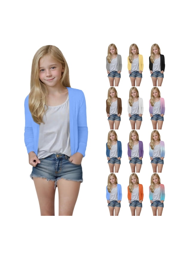Kids Cardigans 5-14Y Girls Long Sleeve Open Front Cardigans Solid Cotton Fall Lightweight Cardigan Casual Loose School Uniform