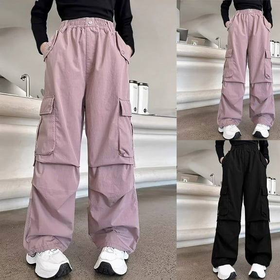 MKOSPLRT Kids Cargo Pants 5-15Y Elastic Waist Baggy Wide Leg Parachute Pants Solid Ruched Knee Dancewear Y2K Pants with Pockets