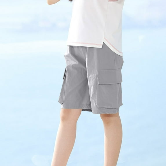 MKOSPLRT Kids Cargo Shorts with Pocket 3-14 Years Elastic Waist Knee Length Shorts Solid Color Lounge Wide Leg Shorts Gifts for Children