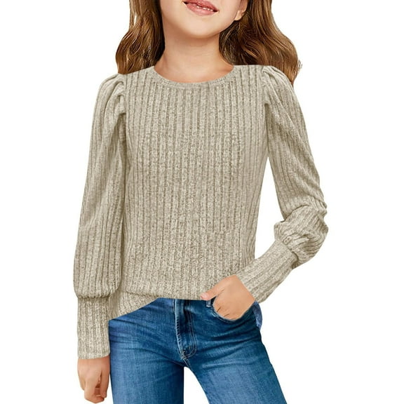 MKOSPLRT Kids Casual Dressy Tops Puff Long Sleeve Ribbed Knit Shirts Crew Neck Soft T Shirts Basic Solid Color Tunic Tops for Girl 5-14 Years
