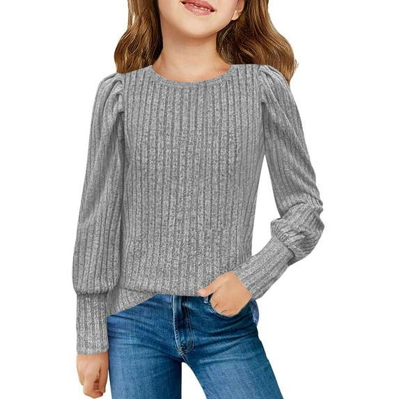MKOSPLRT Kids Casual Dressy Tops Puff Long Sleeve Ribbed Knit Shirts Crew Neck Soft T Shirts Basic Solid Color Tunic Tops for Girl 5-14 Years