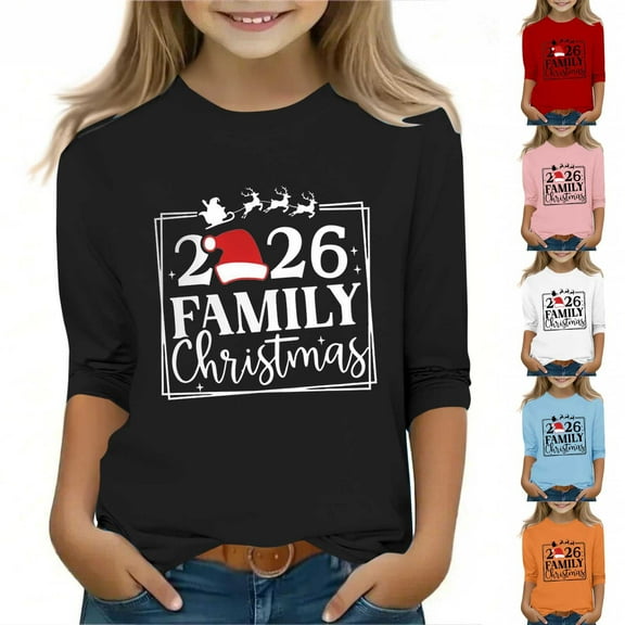 MKOSPLRT Kids Christmas Graphic Tees 3/4 Sleeve Crew Neck Xmas Party Shirts Funny Letter Print T Shirts Girls Boys Christmas Gifts