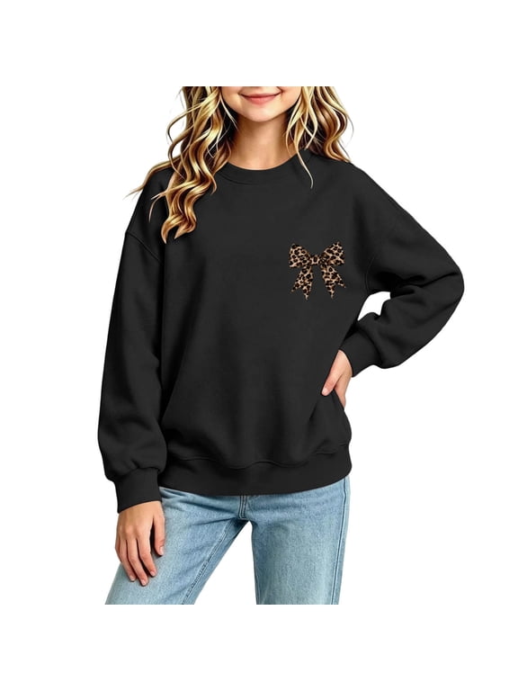 Kids Crew Neck Sweatshirts Funny Bow Graphic Sweat Shirts Long Sleeve Workout Pullover Girls Casual Fall Clothes 1-13 Years