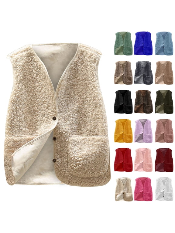 Kids Fuzzy Fleece Vests 5-14Y Solid Sleeveless Button Down Sherpa Vests Open Front Warm Outerwear Vests for Girl Boy with Pocket